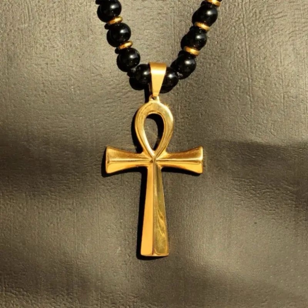 Luxurious Gold Ankh Pendant with Black Beaded Necklace